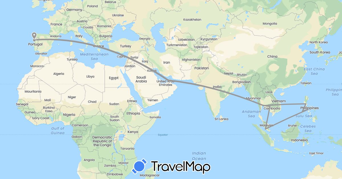 TravelMap itinerary: driving, plane in United Arab Emirates, Cambodia, Malaysia, Philippines, Portugal, Thailand (Asia, Europe)